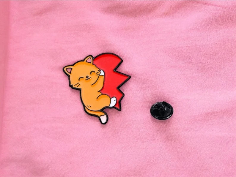 Lot de 2 Pin's Broche Email | A partager | Coeur couper en 2 | BFF ou Couple | Kawaii | Mignon Chat Coeur