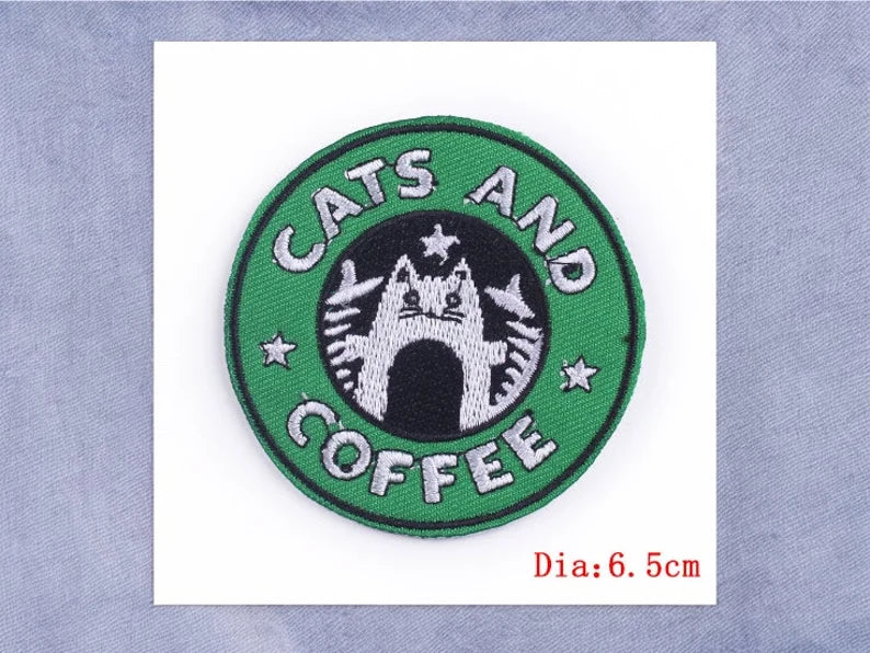 Embroidery Fabric | Cat's &amp; Coffee Iron-on Patch Cat and Coffee | Humor Club | Cute Cartoon | Kawaii