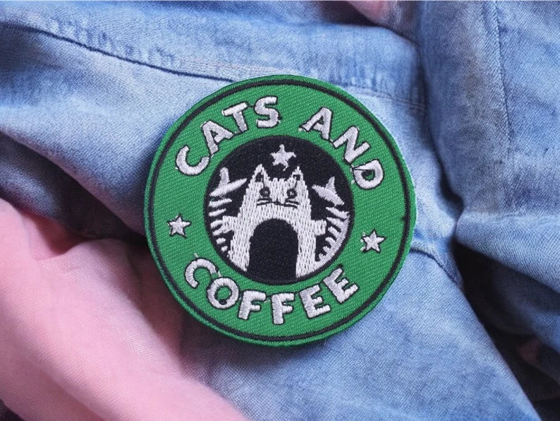 Embroidery Fabric | Cat's &amp; Coffee Iron-on Patch Cat and Coffee | Humor Club | Cute Cartoon | Kawaii