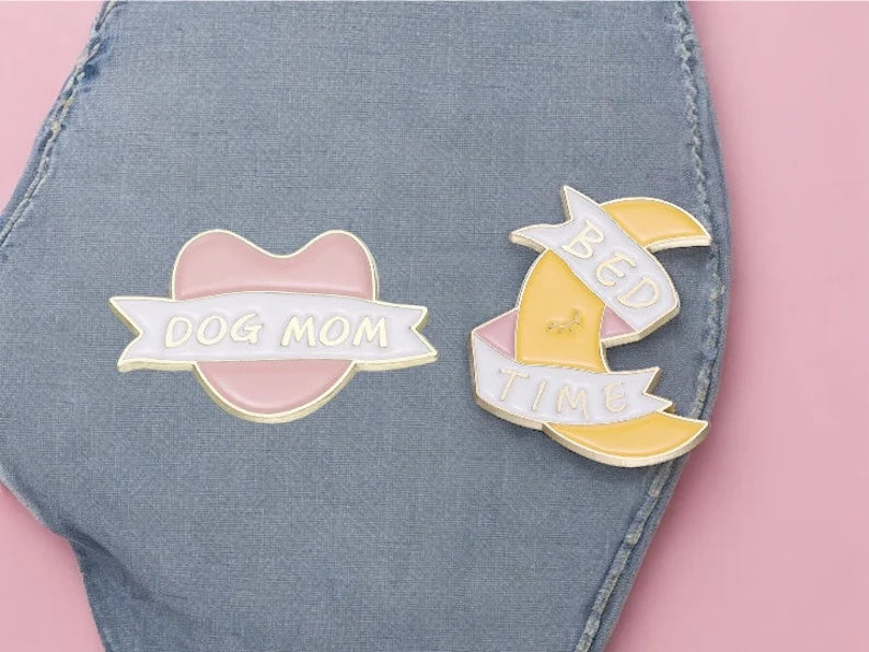 Email Brooch Pin | Dog Mom Heart | Bed Time Moon | Kawaii Pastel Colors | Fun | Humor