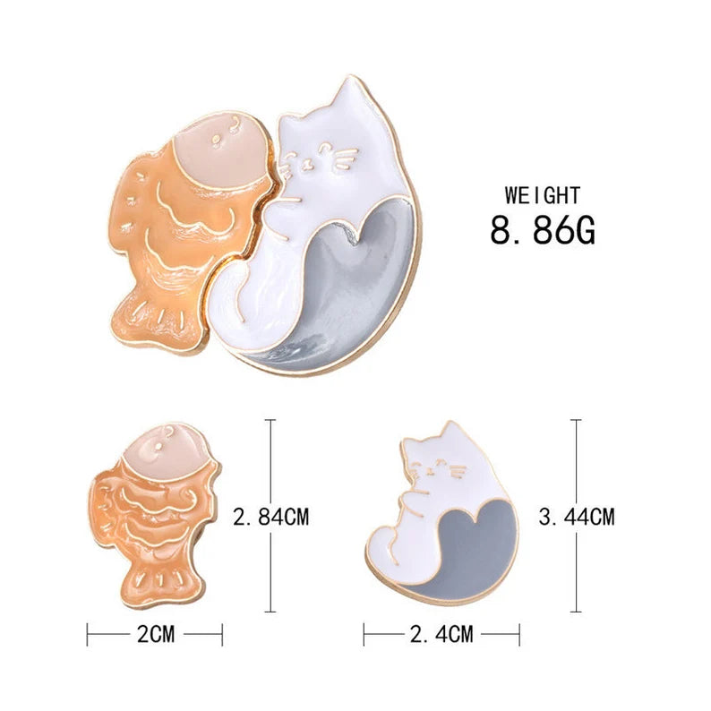 Lot de 2 Pin's Broche Email | A partager | Chat Poisson couper en 2 | BFF ou Couple | Kawaii | Mignon