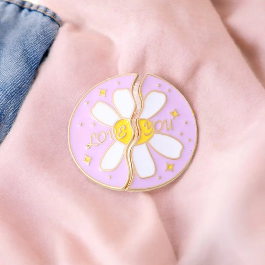 Lot de 2 Pin's Broche Email | A partager | Fleur Love You couper en 2 | BFF ou Couple | Kawaii | Mignon