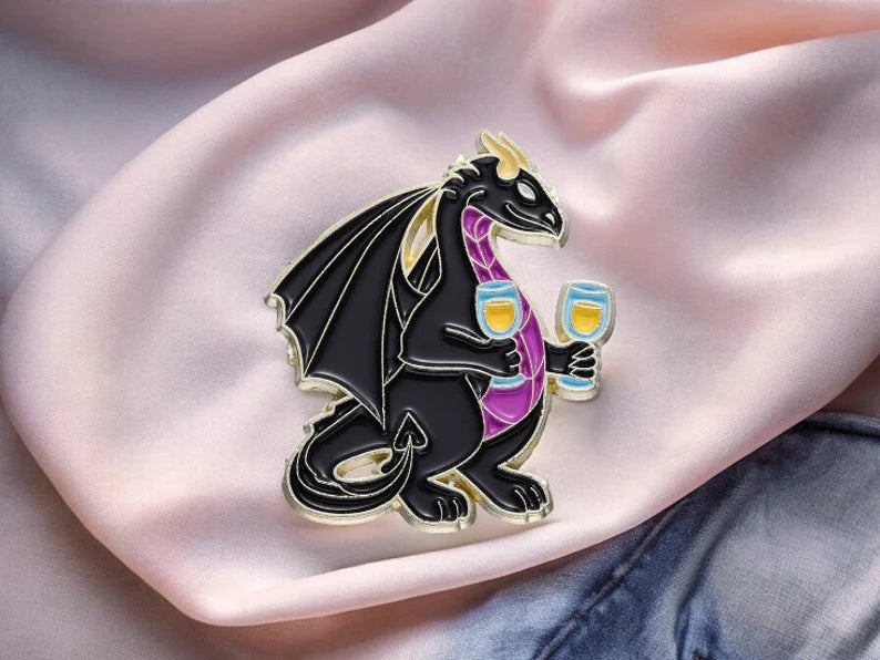 Set of 2 Enamel Brooch Pins | Dragons Bottle and Wine Glass | Wine Lovers | Humor | Kawaii | Fun