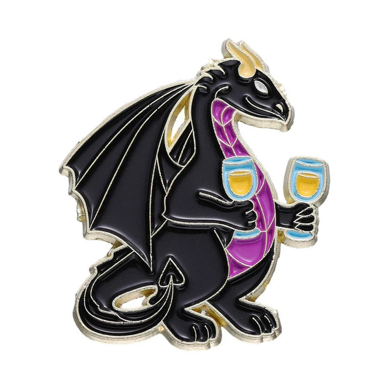 Set of 2 Enamel Brooch Pins | Dragons Bottle and Wine Glass | Wine Lovers | Humor | Kawaii | Fun