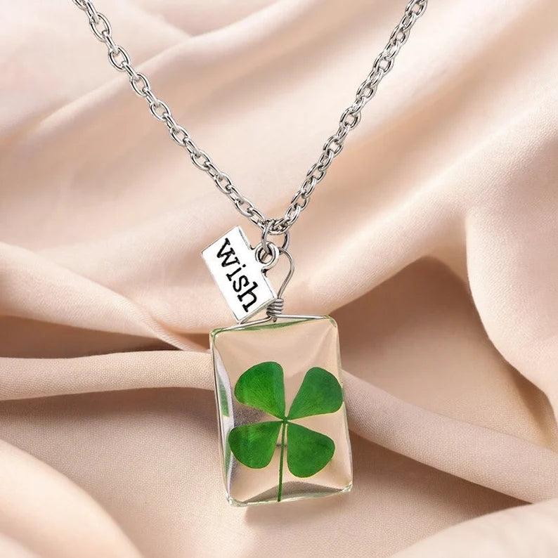 Pendant Chain Necklace | Lucky Clover Print in Resin | Wishes | Humor | Kawaii | Cute