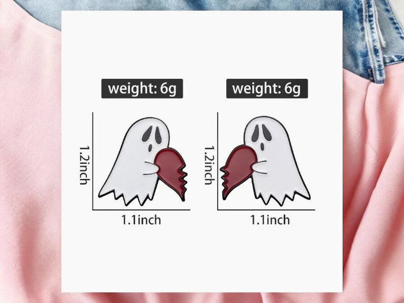 Set of 2 Enamel Brooch Pins | To share | Heart cut in 2 | BFF or Couple | Kawaii | Cute Ghosts Heart Cut in 2