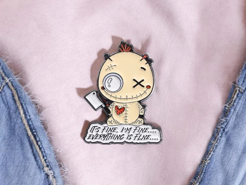 Email Brooch Pin | Voodoo Doll Knife I'm Fine | Humor | Cute | Fun | Kawaii