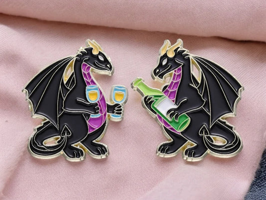 Lot de 2 Pin's Broche Email | Dragons Bouteille et Verre de Vin | Amoureux des Vins | Humour | Kawaii | Fun