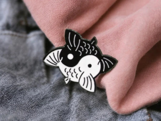 Email Brooch Pin | Pisces in Love | Black White Ying Yang Fish Hugs | Cute | Kawaii Cute