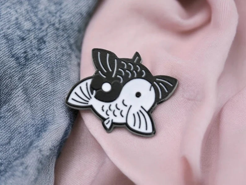 Email Brooch Pin | Pisces in Love | Black White Ying Yang Fish Hugs | Cute | Kawaii Cute