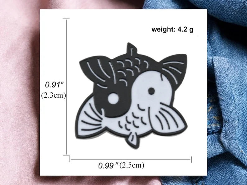 Email Brooch Pin | Pisces in Love | Black White Ying Yang Fish Hugs | Cute | Kawaii Cute