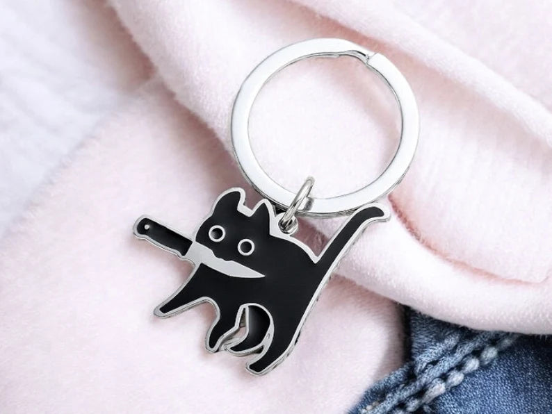 Porte Clés | Chat Couteau | Amoureux des chats | Humour | Kawaii | Mignon