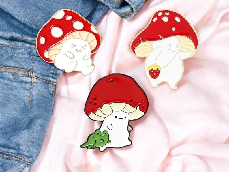 Pin's Broche Email | Grenouille Champignon | Forestier | Kawaii | Fun | Mignon Dessin Animé