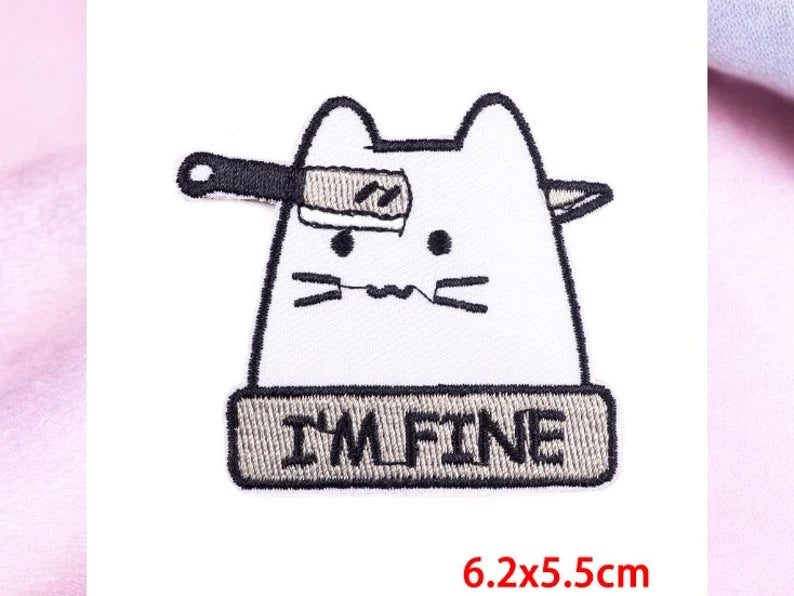 Embroidery Fabric | Cat Knife Iron-on Patch | Humor | Cute Cartoon | Kawaii I'm Fine