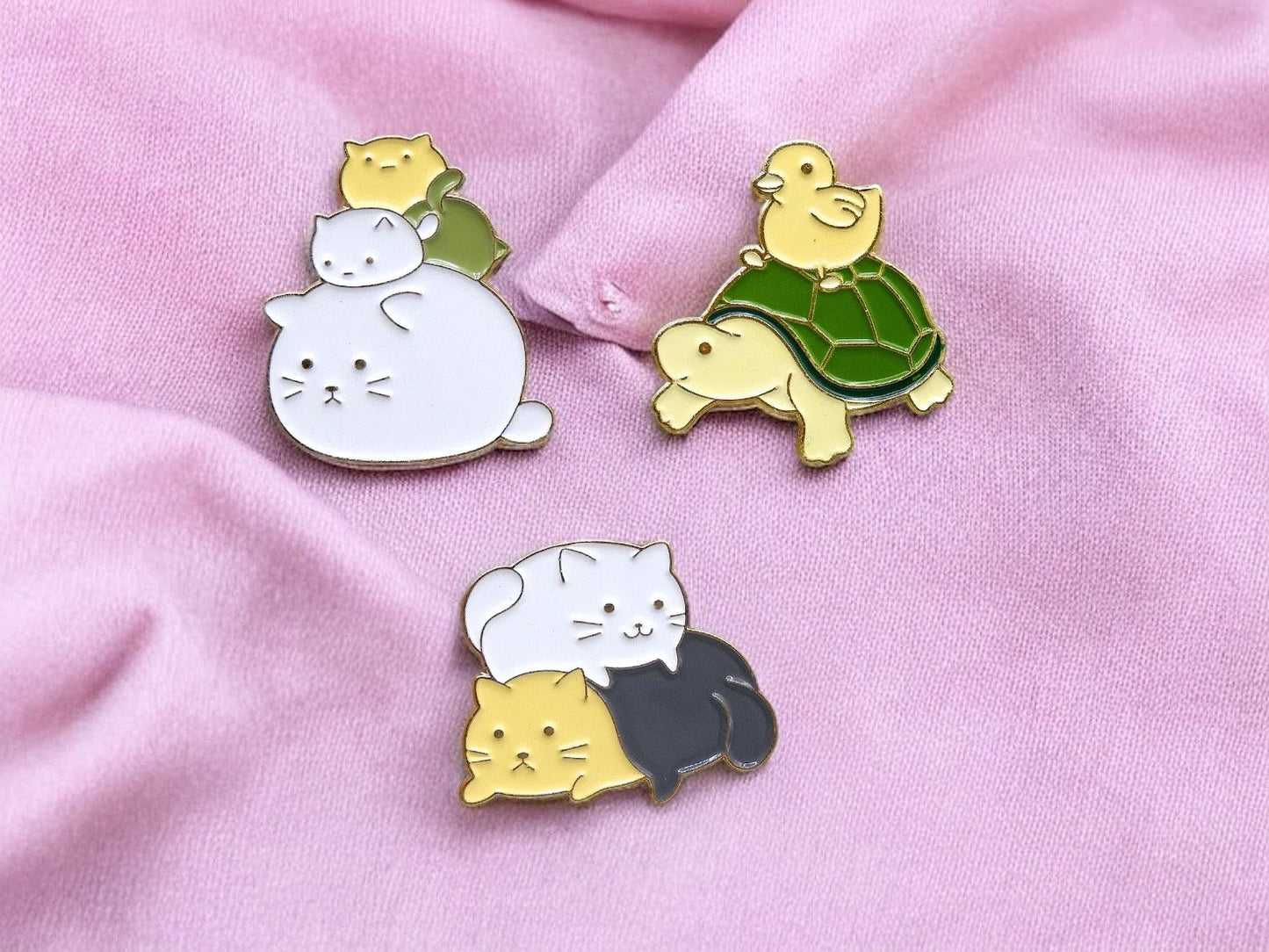 Pin's Broche Email | Animaux Empilées | Pile de chat, Tortue, Poussin | Kawaii | Fun | Humour