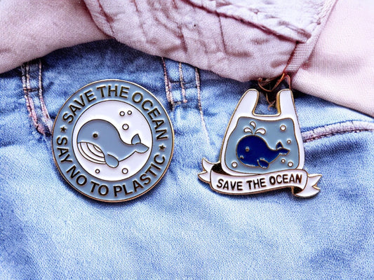 Pin's Broche Email | Save the Ocean | Baleine Océan | Sac Plastique | Kawaii | Fun | Humour