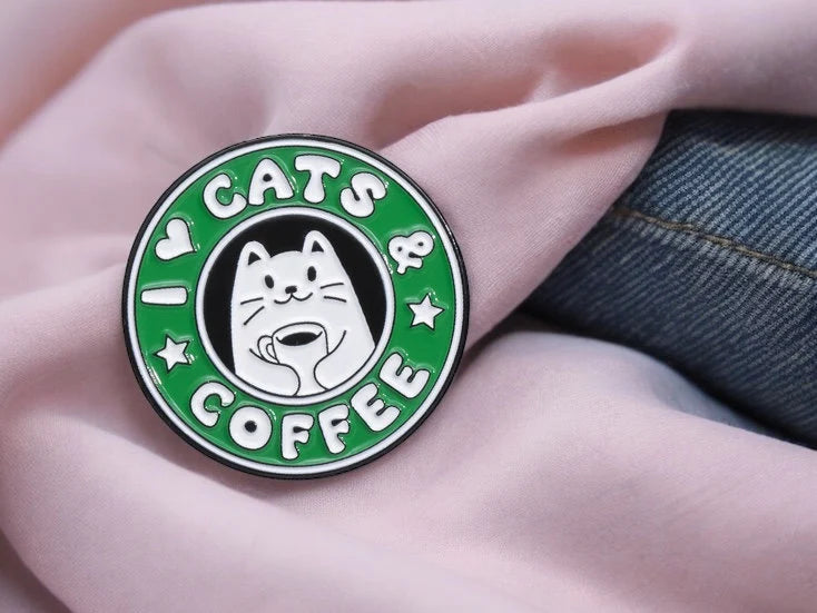 Pin's Broche Email | Cats and Coffee | Starbucks Humour | Amoureux des Chat | Kawaii | Fun Badge